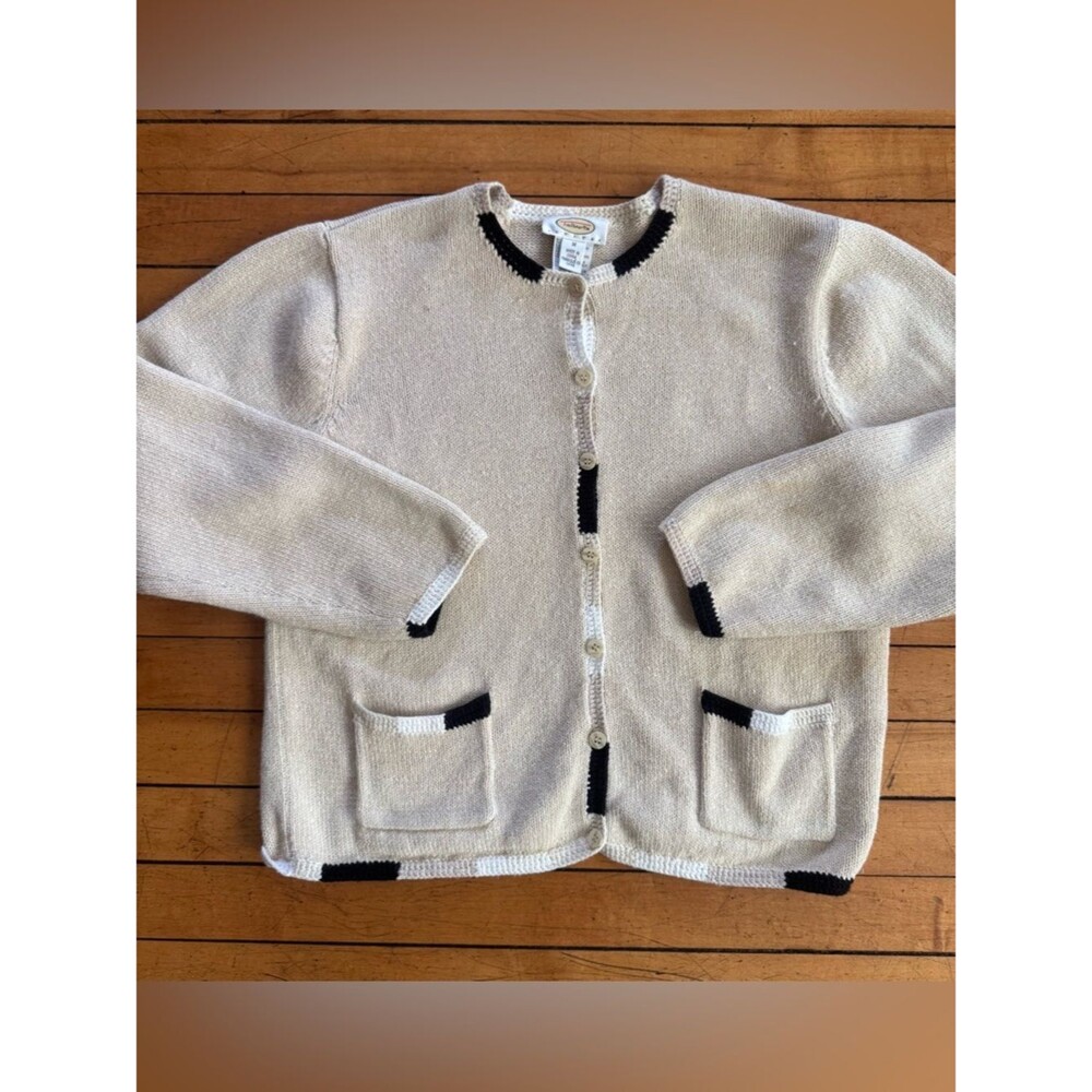 VTG Talbots cream with black white block trim button cardigan art cotton vintage